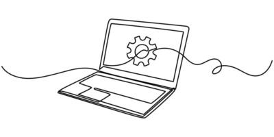 continuous one line drawing of laptop and gears, Adjusting app options, maintenance, repair, fixing monitor. vector