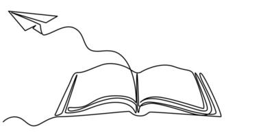 Continuous one line drawing of open book and flying paper plane. Single line drawing.illustration on white background. vector