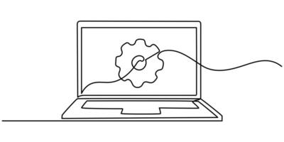 laptop and gears continuous One Line Drawing,Single line drawing design illustration. vector