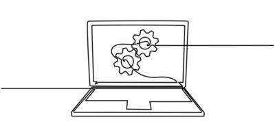 continuous one single line drawing of laptop and gears, Adjusting app options, maintenance, repair, fixing monitor, System Integration Single Line Icon, connected with gears on screen laptop. vector
