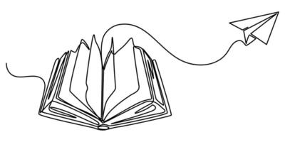 Opened book and flying paper plane continuous one line drawing. Hand drawn line art illustration, Creative strategy and education innovation, Minimalist simple contour design. vector