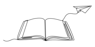 open book and flying paper plane continuous one line drawing for single line drawing of content for school studding illustration on white background hand drawn sketch. vector
