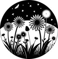 A black and white drawing of a field with flowers vector