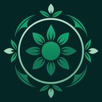 A green flower and leaves in a circle on a dark background vector