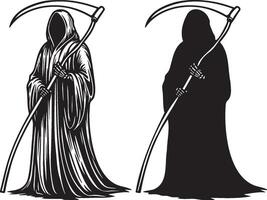 Scytheman Sketch Drawing and Silhouette. vector