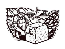 Caucasian man working in a quarry, mining stone with pickaxe in industrial landscape vector