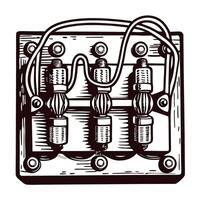 Vintage electrical circuit drawing with wired components on wooden base vector