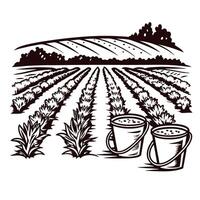 Black and white of rows of crop fields with water buckets in foreground vector