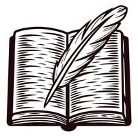 Feather quill on open book classic writing symbol in black and white ink drawing vector