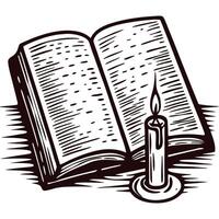 Open book and lit candle creating a cozy atmosphere for reading or study in monochrome vector