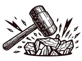 Wooden mallet breaking rocks with dynamic fragments exploding outward in vintage line art vector