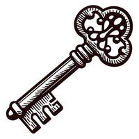 Vintage skeleton key with ornate design in monochrome vector