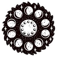 Celestial phases circular lunar cycle diagram with stars and moon stages vector