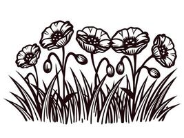 Black and white of poppies and grass in a minimalist vector