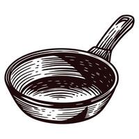 Vintage frying pan with textured wooden handle in black and white sketch vector