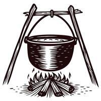 Rustic pot over campfire with boiling liquid and wooden tripod setup vector