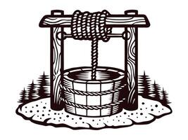 Rustic wooden well in forest setting with rope and pulley system vector