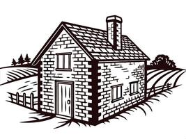 Charming rural brick house in scenic countryside setting with lush fields and trees vector