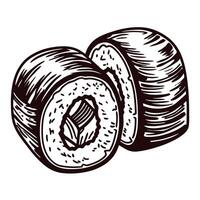 Detailed black and white sketch of sushi roll with fish center and textured rice layers vector