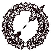 Intricate heraldic wreath with arrow and foliage design in monochrome vector