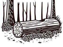 Forest scene with fallen tree trunk amidst leafy undergrowth and tall trees in monochrome art vector