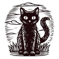 Artistic of a black cat with intricate line design in nature setting vector