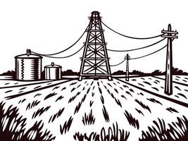 Rural landscape with oil rig and storage silos in a field of wheat vector