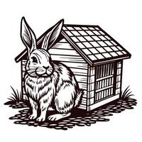 of rabbit sitting by wooden hutch in garden setting vector