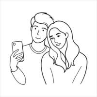 Minimal continuous line art of a couple taking a selfie together symbolizing modern love social connection and digital memories perfect for contemporary artwork vector