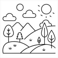 Serene nature landscape drawn in continuous line art style showcasing trees mountains and fields minimalist outdoor scene ideal for natural beauty and scenery visuals vector