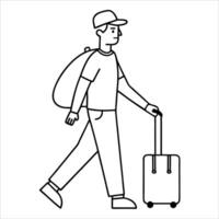 Minimalist man with luggage drawn in continuous line art style symbolizing travel journey or adventure perfect for modern travel blogs branding or art projects vector