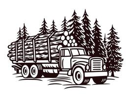 Wooden logging truck driving through dense forest with pine trees, transporting large timber logs for industrial use vector