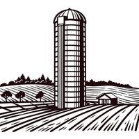 Rural farmland with silo and barn amidst rolling fields and trees vector