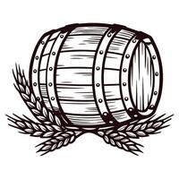 Detailed sketch of wooden barrel with wheat stalks in rustic design vector
