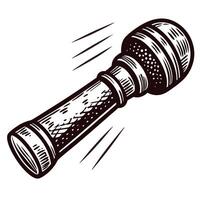 Vintage hand drawn microphone in black and white with detailed patterns and motion lines vector