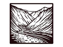 Monochrome mountain landscape with winding river and rocky terrain in graphic vector