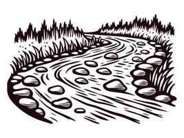 Black and white of a winding river with stones and forested banks vector