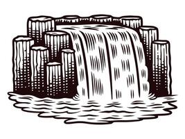 Black and white of cascading waterfall over rocky formation vector