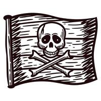 Skull and crossbones on flag waving in wind, pirate symbol in vintage vector