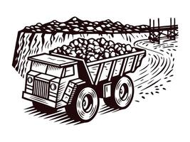 Large mining dump truck transporting rocks on dirt road in quarry vector