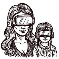 Caucasian woman and child wearing virtual reality headsets, exploring futuristic technology concepts in monochrome vector