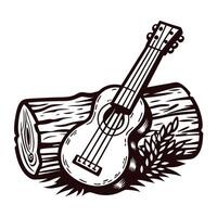 Acoustic guitar resting on tree log with leaf design in detailed vintage vector