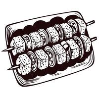 Grilled skewers with vegetables and tofu on a rustic plate, black and white vector