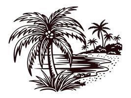 Tropical beach scene with palm trees by the shoreline at sunset vector
