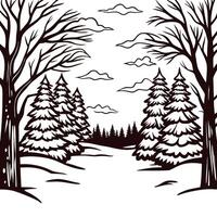 Scenic winter forest with snow covered pine trees and bare branches vector