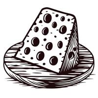 Hand drawn sketch of swiss cheese wedge on wooden platter with detailed holes and rustic texture vector