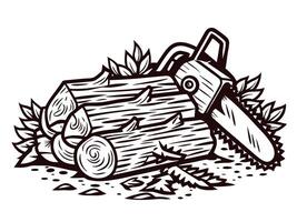 Chainsaw and wooden logs with leaves and tree debris vector