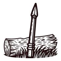 Wooden spear and tree trunk on grass in black and white vector
