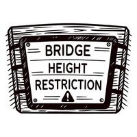 Bridge height restriction warning sign with wooden background and attention symbol vector