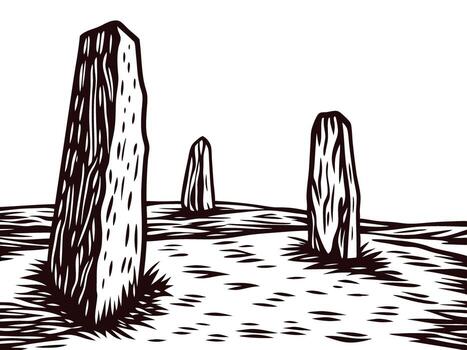 Ancient stone monoliths standing in a vast open field amid a clear sky landscape vector